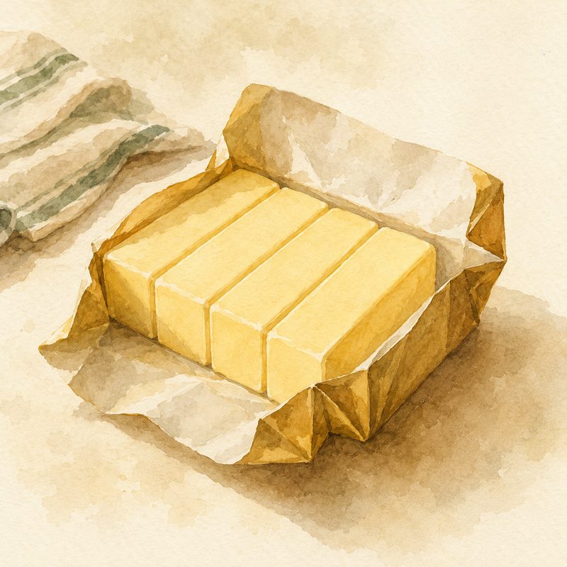 Illustration aquarelle d'un bloc de beurre déballé, entaillé en quatre portions égales représentant les sticks