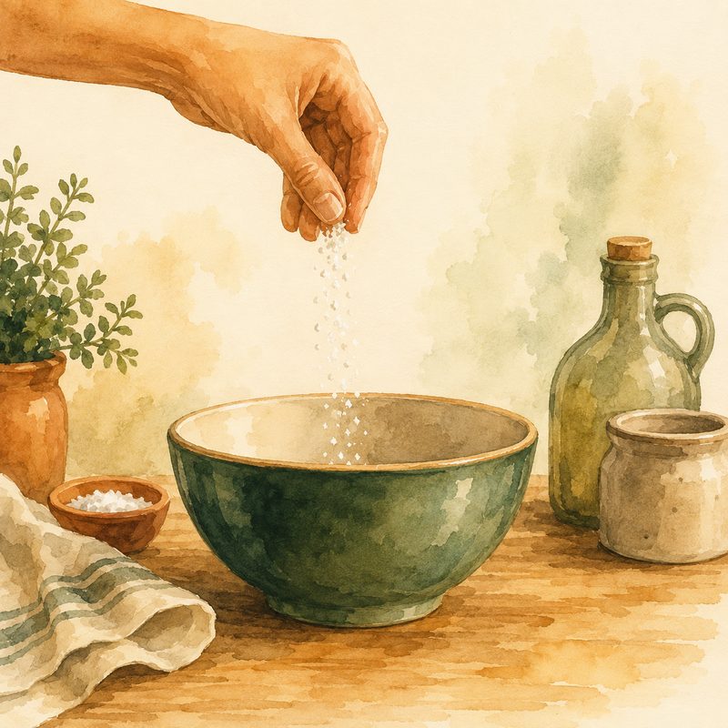 Illustration aquarelle d'une main qui laisse tomber une pincée de sel entre ses doigts au-dessus d'un bol vert