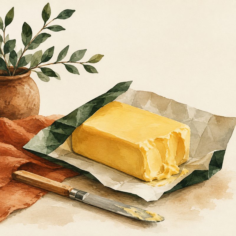 Illustration aquarelle d'un bloc de beurre entamé sur son papier d'emballage, avec un couteau à beurre