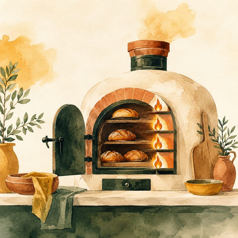 Illustration aquarelle d'un four à pain en pierre avec plusieurs pains qui cuisent aux flammes visibles
