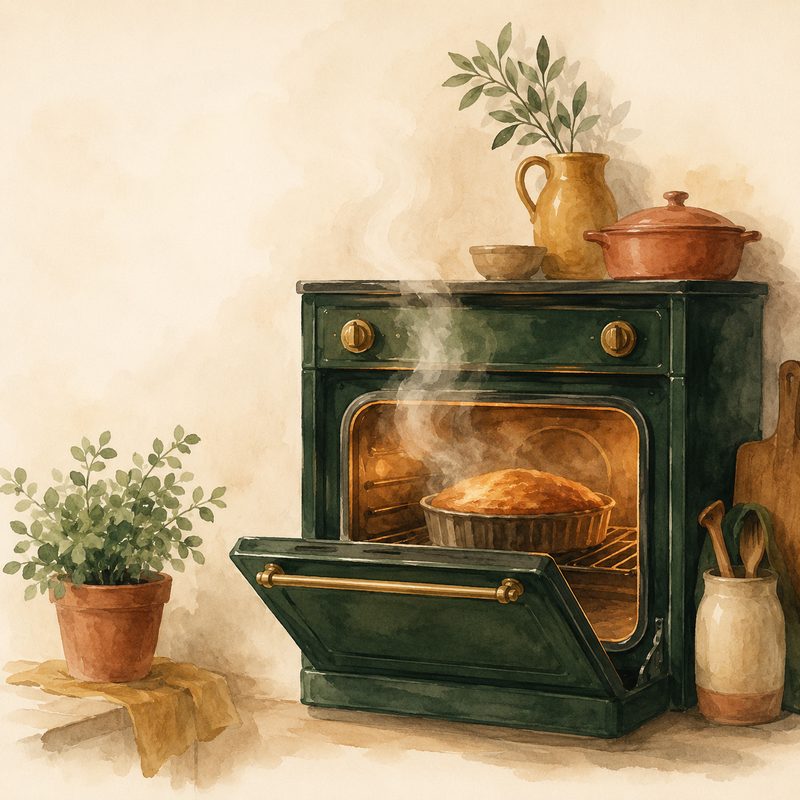 Illustration aquarelle d'un four ancien vert ouvert laissant échapper de la vapeur, avec une tarte dorée qui cuit à l'intérieur