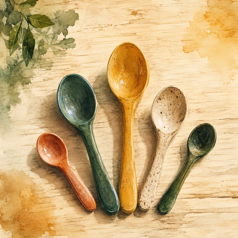 Illustration aquarelle de cinq cuillères à mesurer en céramique de tailles différentes alignées sur une table en bois