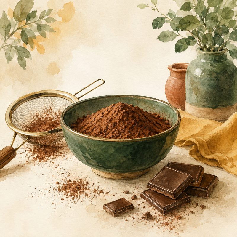 Illustration aquarelle d'un bol de cacao en poudre à côté d'une passoire et de carrés de chocolat noir