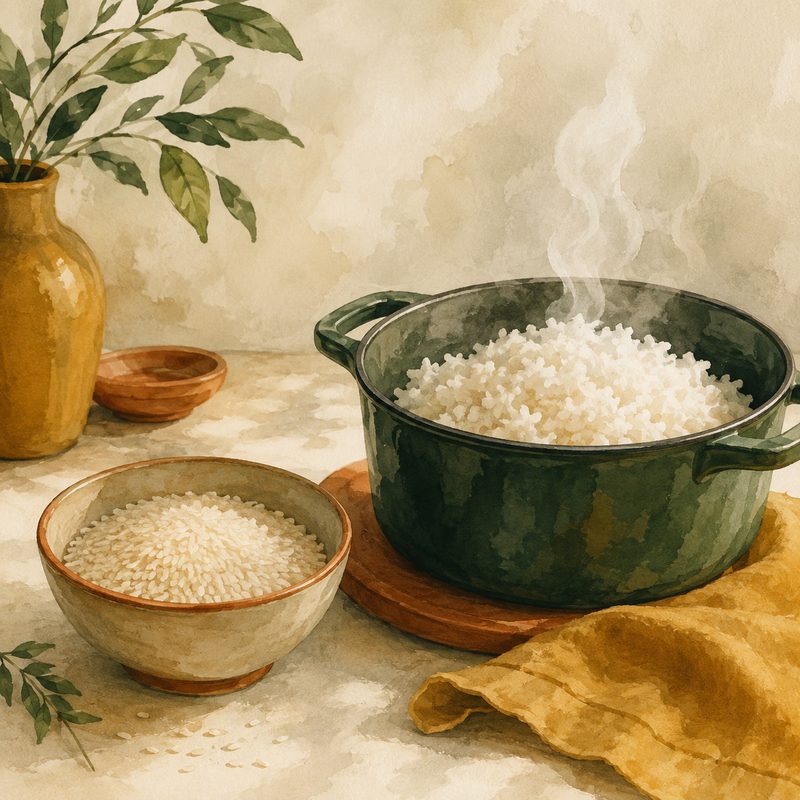 Illustration aquarelle d'un bol de riz cru à côté d'une marmite de riz cuit fumant