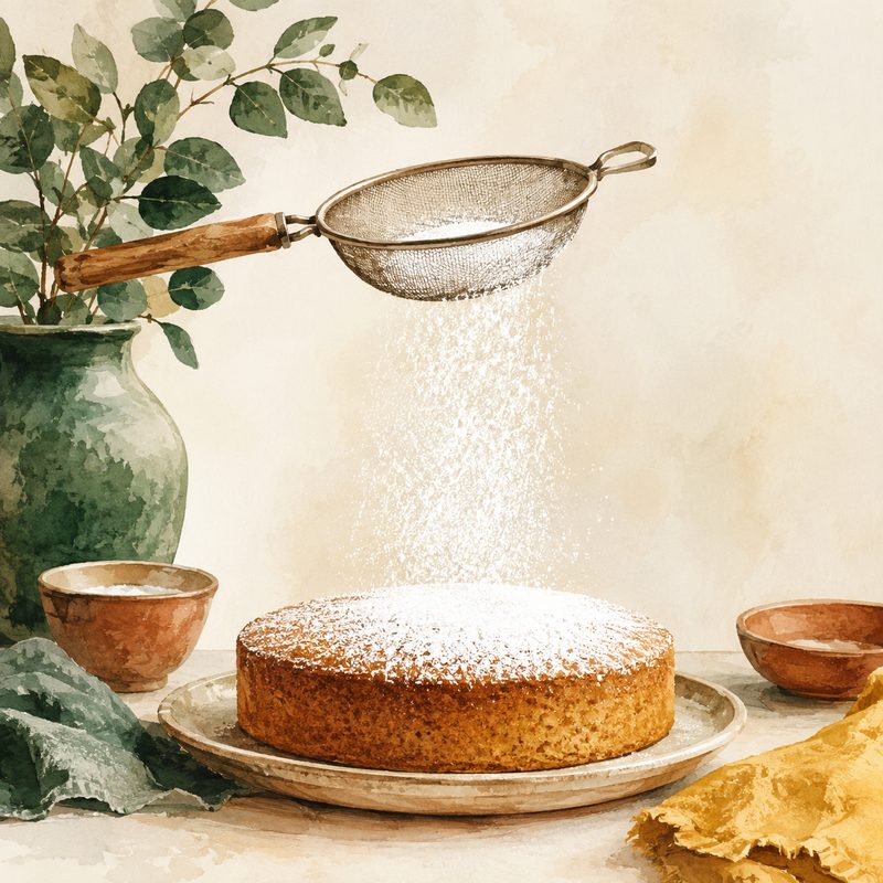 Illustration aquarelle d'un gâteau saupoudré de sucre à glacer tamisé au-dessus avec une passoire fine