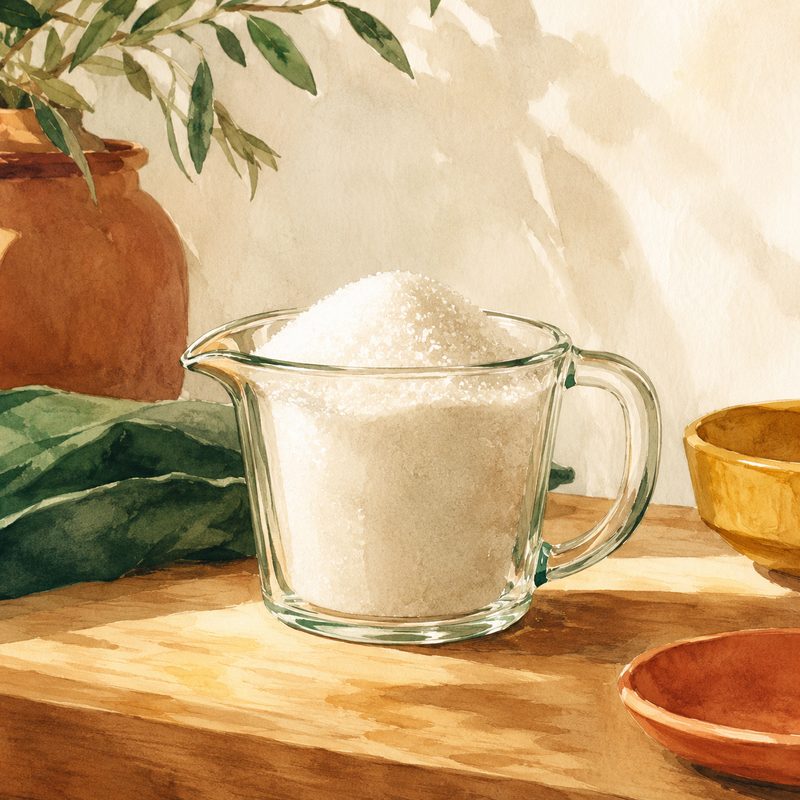 Illustration aquarelle d'un pichet gradué en verre rempli de sucre blanc jusqu'au bord
