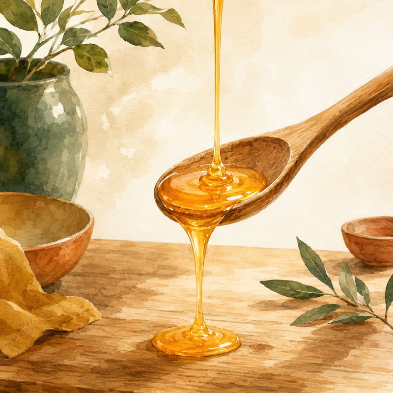 Illustration aquarelle de miel doré qui coule en filet sur une cuillère en bois