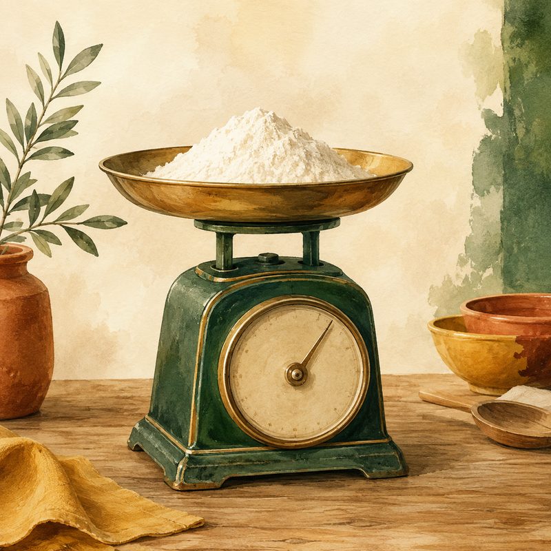 Illustration aquarelle d'une ancienne balance de cuisine avec un plateau doré rempli de farine tamisée