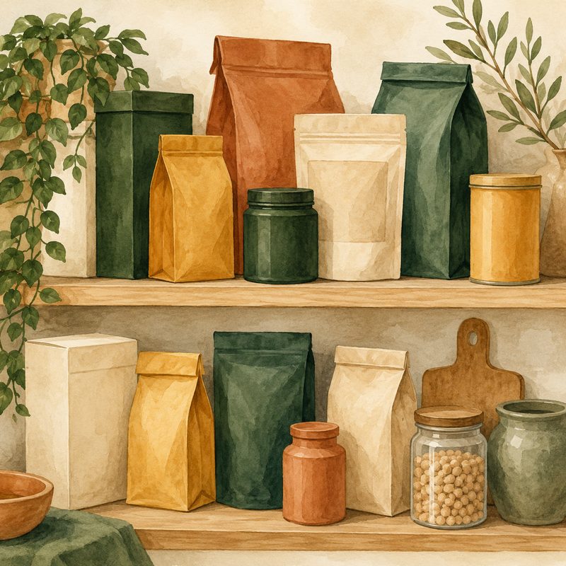Illustration aquarelle d'étagères de garde-manger avec divers sacs, boîtes et pots d'ingrédients secs de formats variés