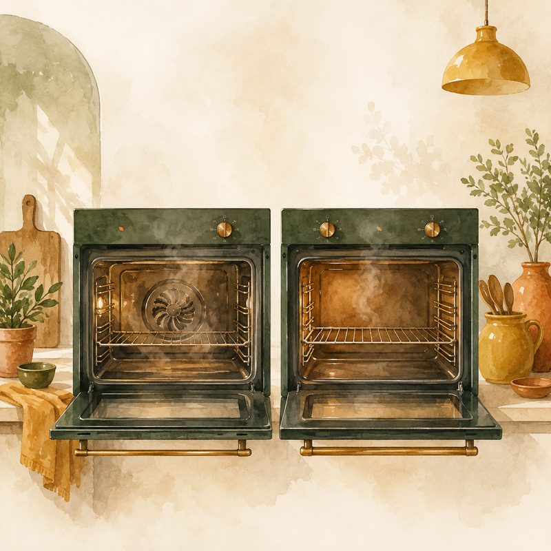 Illustration aquarelle de deux fours encastrés ouverts côte à côte, l'un avec un ventilateur de convection visible, l'autre sans