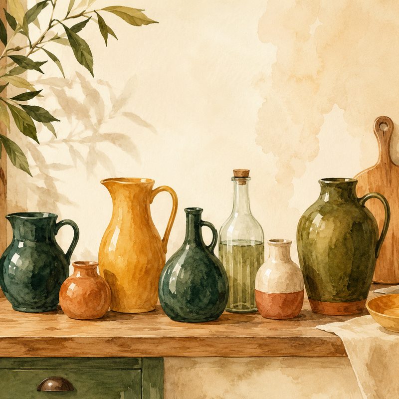 Illustration aquarelle d'une rangée de cruches et bouteilles en céramique et en verre de tailles différentes sur un comptoir