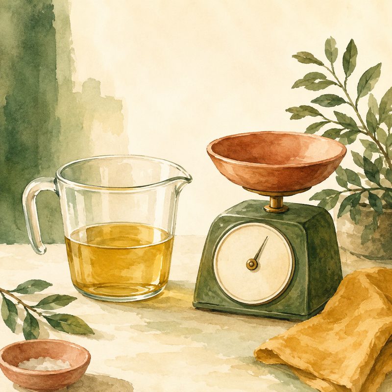 Illustration aquarelle d'un pichet gradué contenant de l'huile à côté d'une balance de cuisine, comparant volume et poids