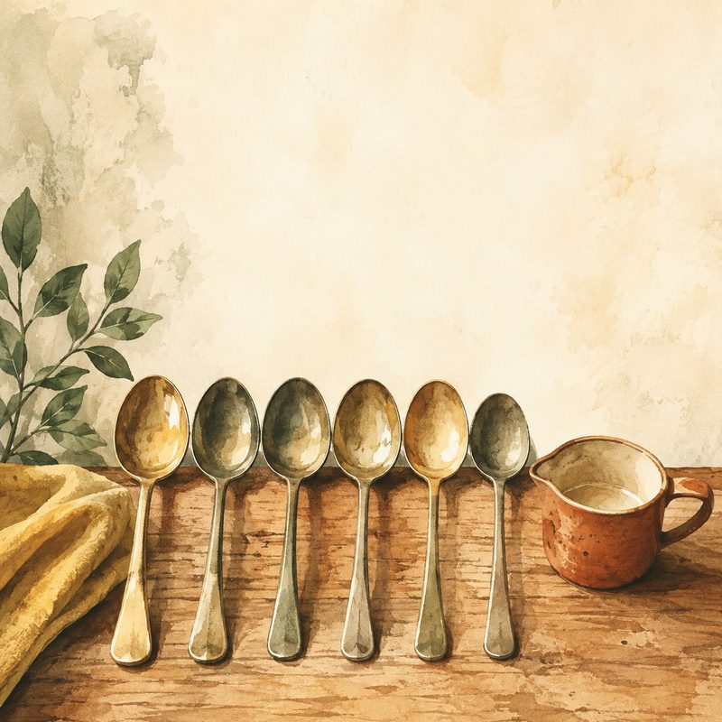 Illustration aquarelle d'une rangée de cuillères à café en métal appuyées contre un petit pichet en terre cuite