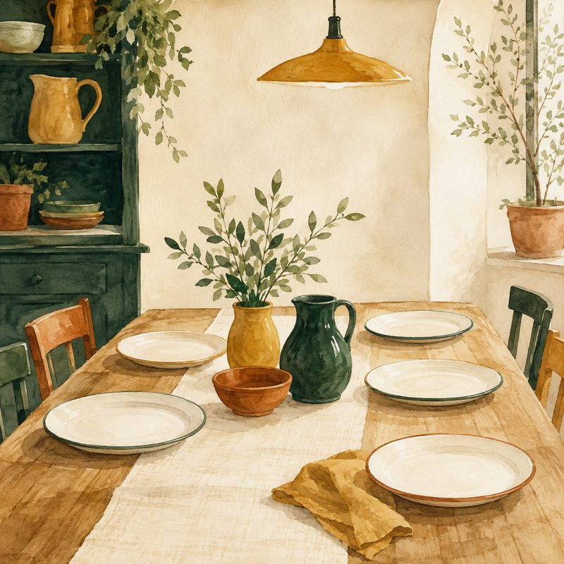 Illustration aquarelle d'une table à manger dressée avec plusieurs assiettes vides pour recevoir des convives
