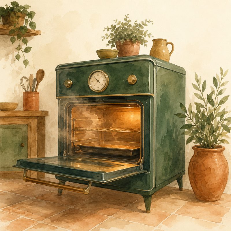 Illustration aquarelle d'un four ancien avec un cadran de thermostat gradué et une plaque de cuisson à l'intérieur