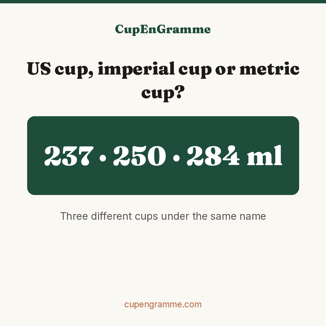 CupEnGramme conversion card: the US cup is 237 ml, the metric cup 250 ml, the imperial cup 284 ml
